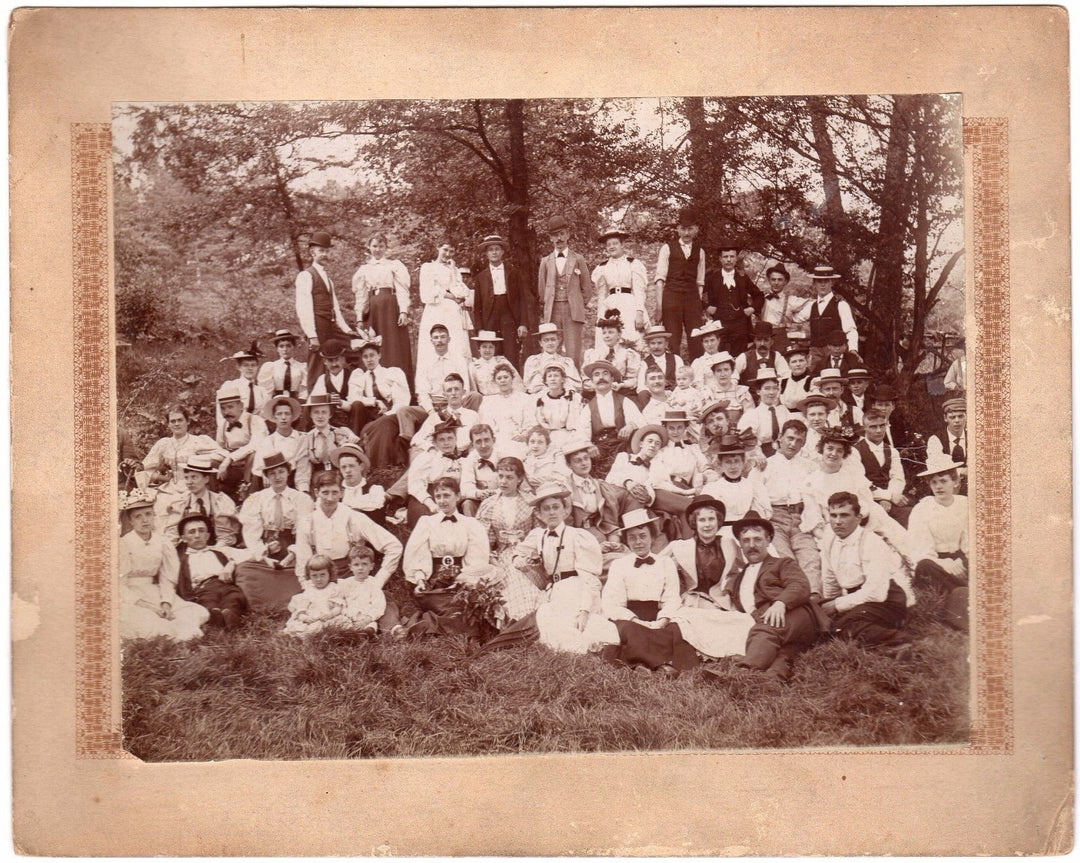 Victorian Fashions Picnic Scene Twins in Hats & Lovers Antique Photo on Board