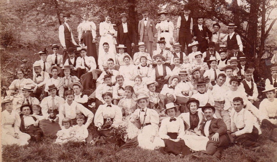 Victorian Fashions Picnic Scene Twins in Hats & Lovers Antique Photo on Board