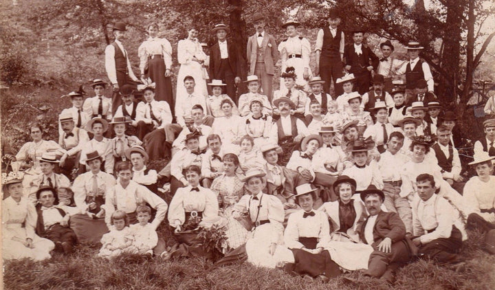Victorian Fashions Picnic Scene Twins in Hats & Lovers Antique Photo on Board