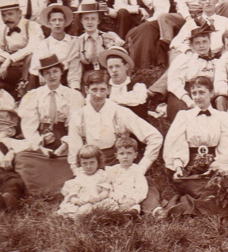 Victorian Fashions Picnic Scene Twins in Hats & Lovers Antique Photo on Board