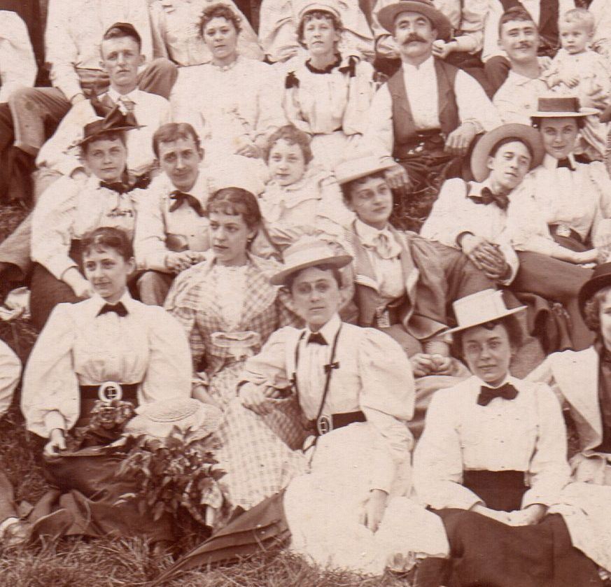 Victorian Fashions Picnic Scene Twins in Hats & Lovers Antique Photo on Board