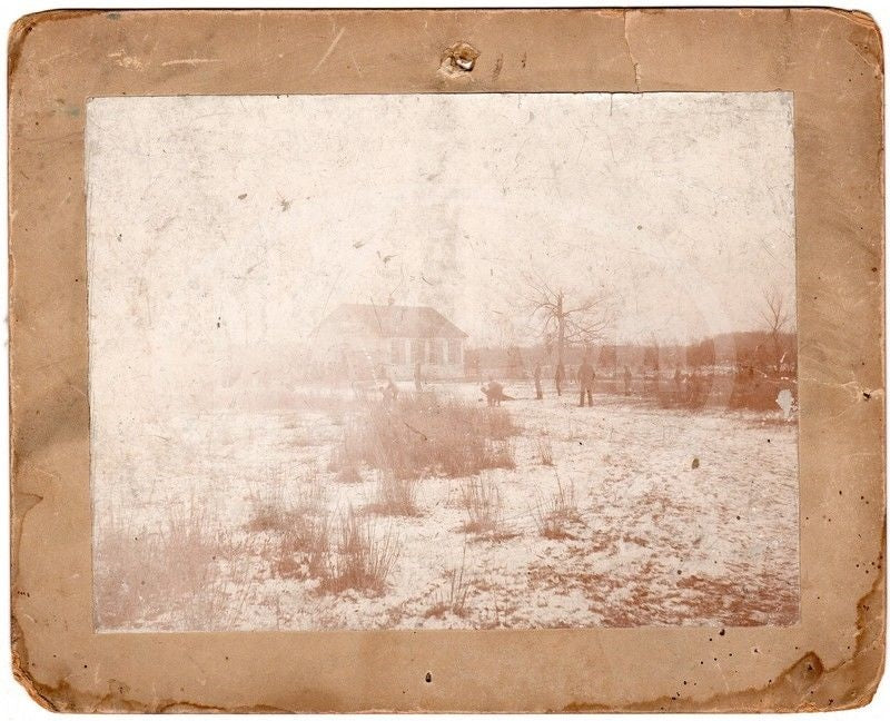 School Children Snowball Fight Outdoor Play Winter Scene Antique Photo on Board
