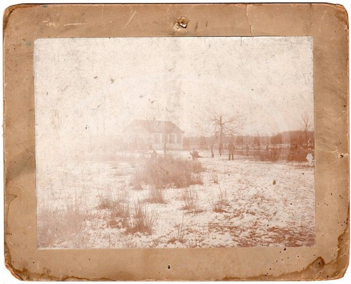 School Children Snowball Fight Outdoor Play Winter Scene Antique Photo on Board