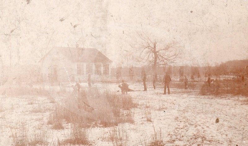 School Children Snowball Fight Outdoor Play Winter Scene Antique Photo on Board