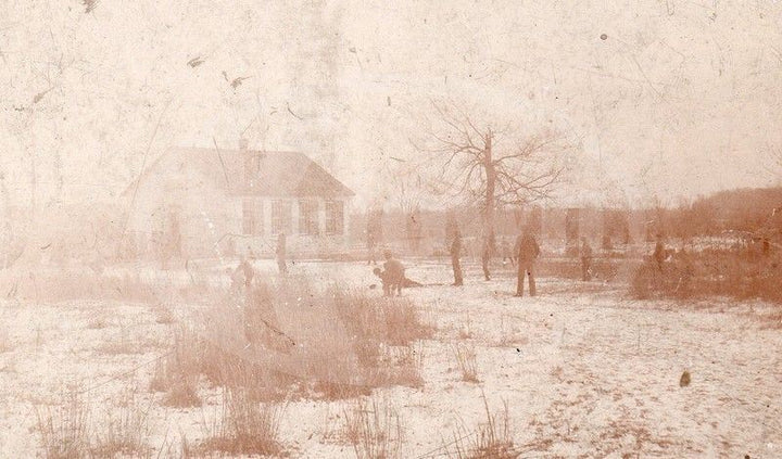 School Children Snowball Fight Outdoor Play Winter Scene Antique Photo on Board