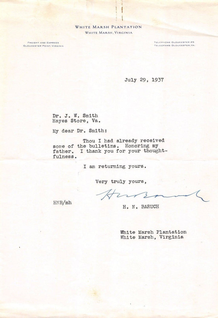 Hartwig Baruch White Marsh Plantation Virginia Vintage Autograph Signed Letter