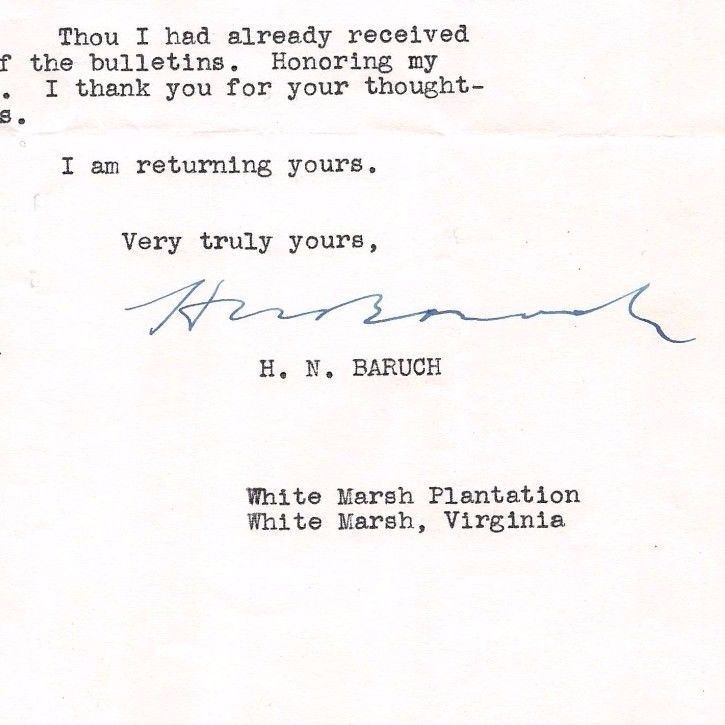 Hartwig Baruch White Marsh Plantation Virginia Vintage Autograph Signed Letter