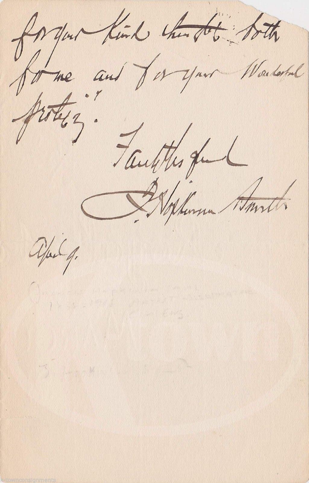 Francis Hopkinson Smith Statue of Liberty Engineer Antique Autograph Signed Note