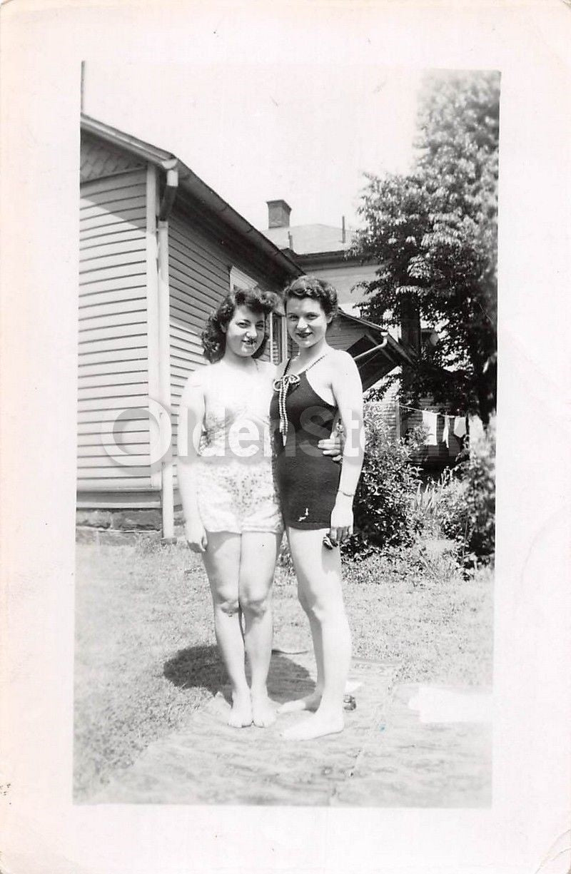 Lovely Swimsuit Babes Hugging Friends Vintage 1940s b&w Snapshot Photo #11