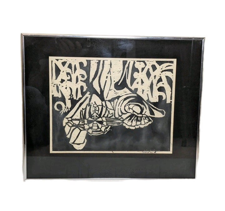 Smith College Signed Black & White Linocut Nature Artwork Framed
