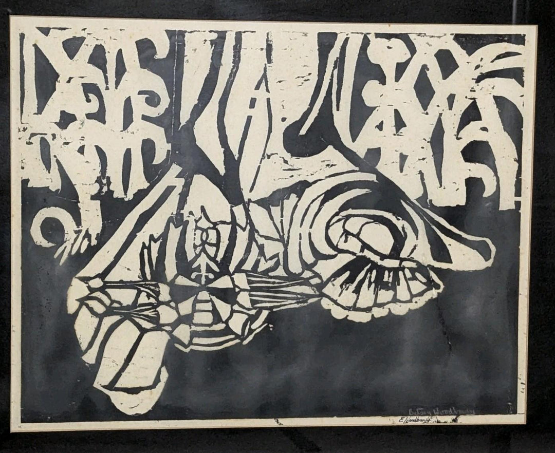 Smith College Signed Black & White Linocut Nature Artwork Framed