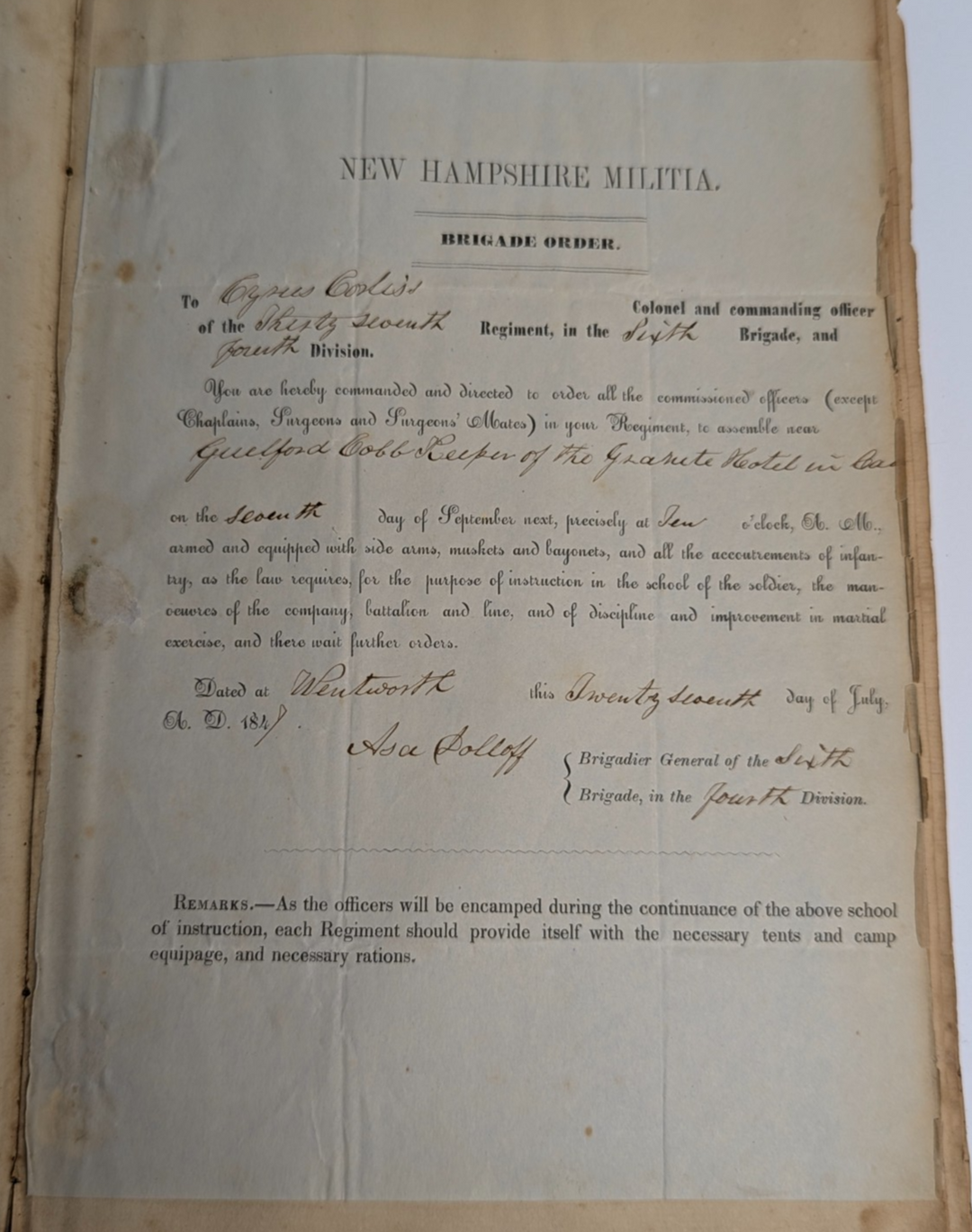New Hampshire Militia 37th Regiment Antique Military Ledger Aroostook War Era