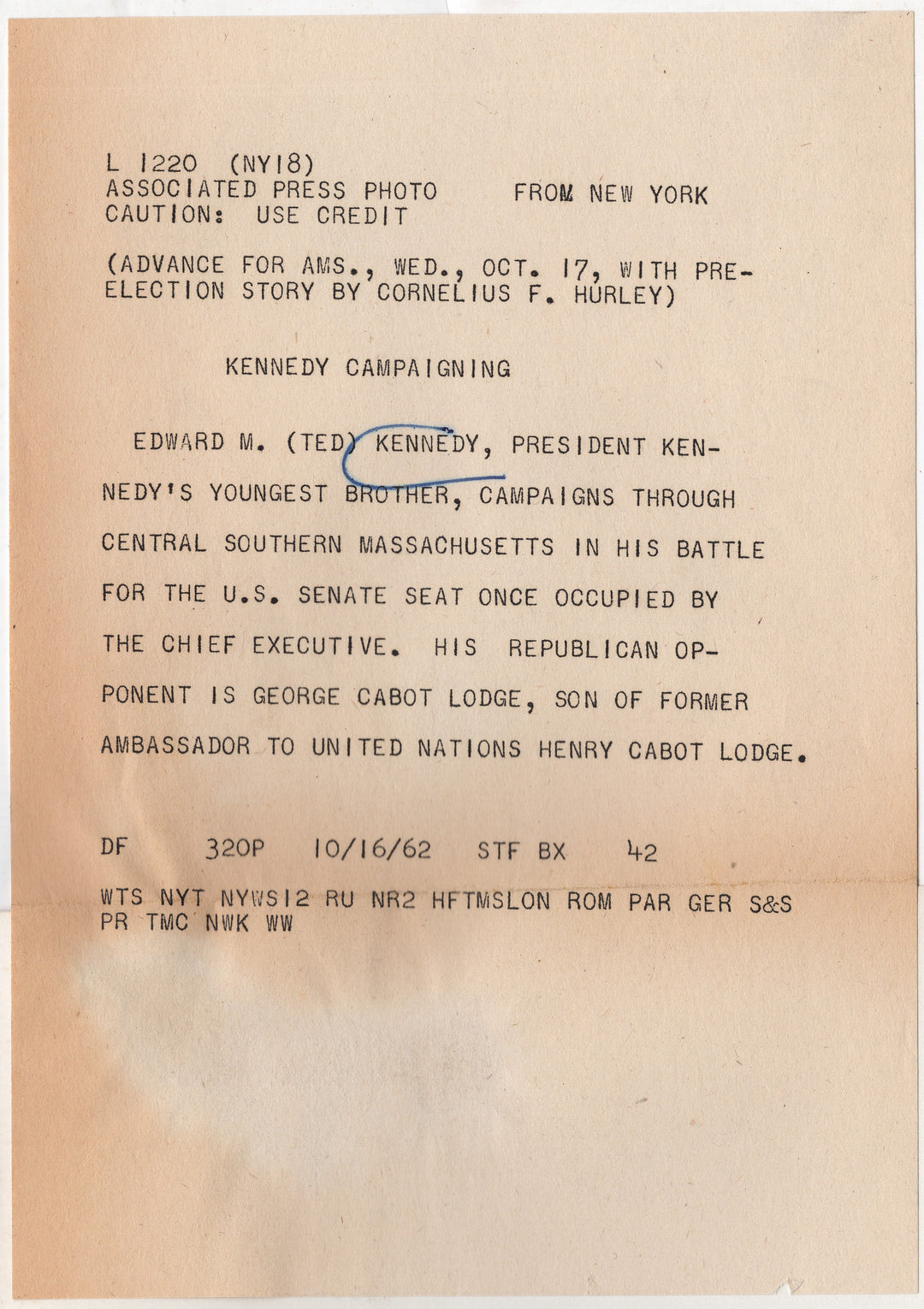 Young Ted Kennedy MA Senate Campaign Stop Vintage Press Photo 1962