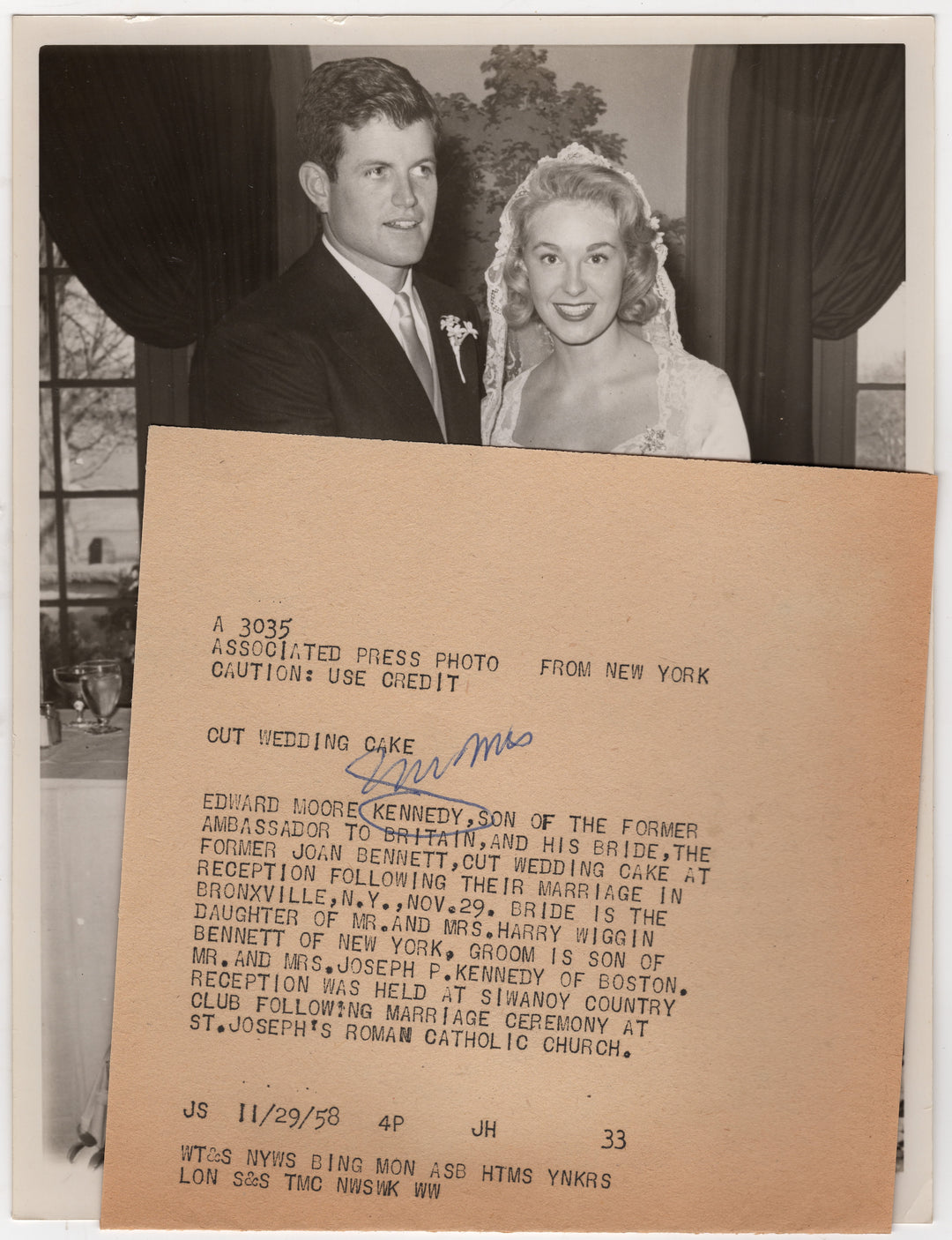 Ted Kennedy Wedding Cake Siwanoy Country Club Vintage Press Photo 1958