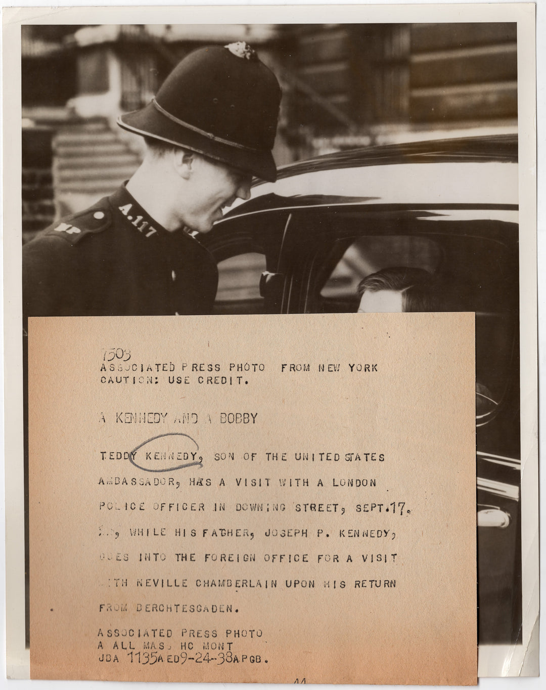 Ted Kennedy Downing St London Police Stop Political Press Photo 1938