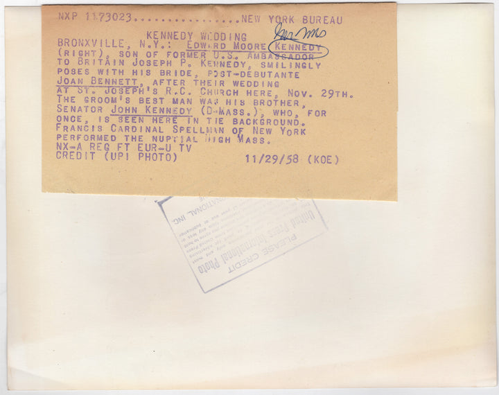 JFK Ted Kennedy Wedding Day St. Joseph's Church NY Vintage Press Photo 1958