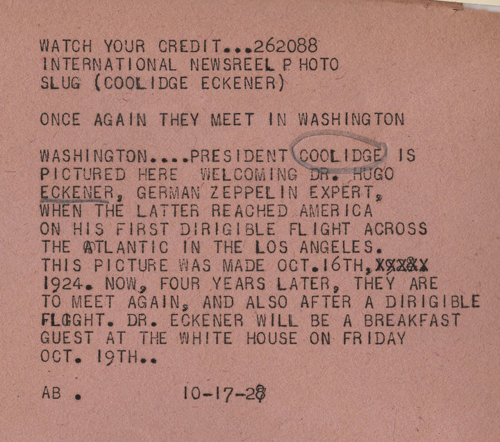 President Calvin Coolidge Dr Hugo Eckener Zeppelin Aircraft Press Photo 1928