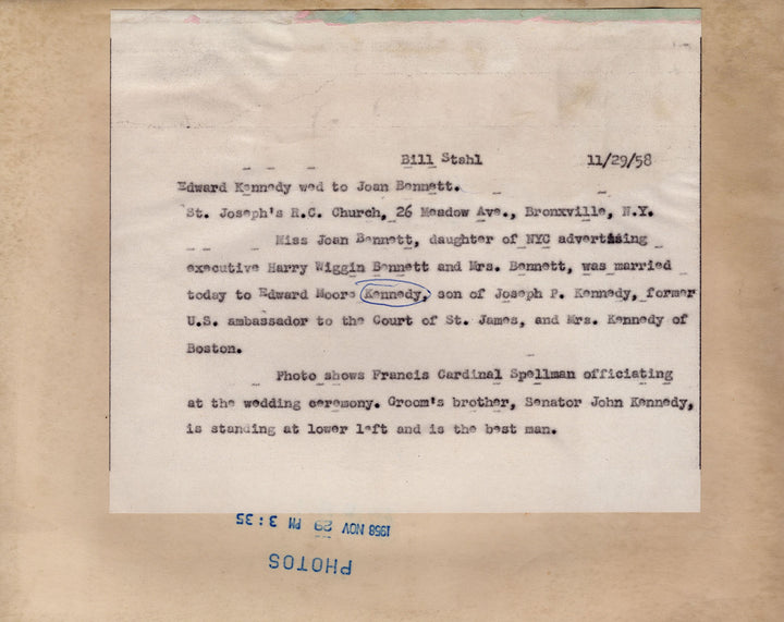 Ted & John F. Kennedy Cardinal Spellman Catholic Wedding Vintage Press Photo