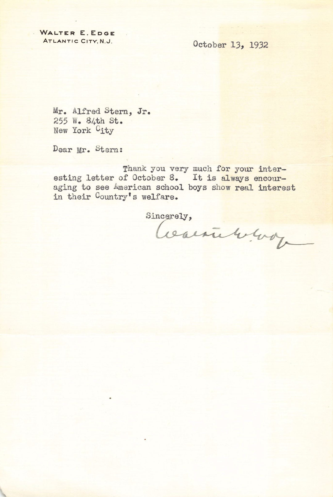 Walter Evans Edge New Jersey Governor Senator Autograph Signed Cold War Related