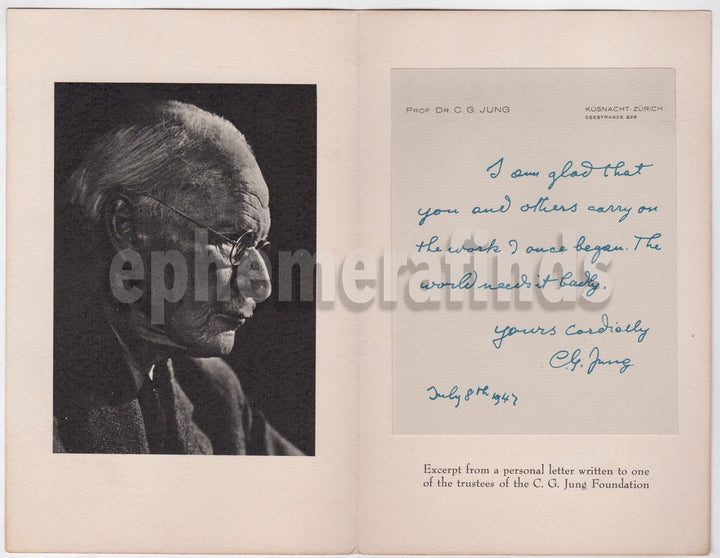 Carl Jung Psychology Foundation Vintage Commemorative Trustees Letter
