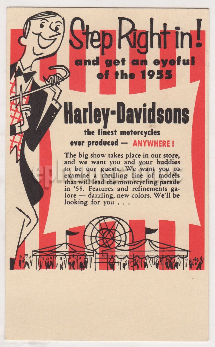 Rare Harley Davidson Vintage Big Show Circus Graphic Advertising Card 1955