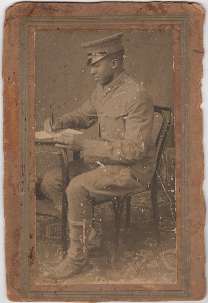 African American WWI Soldier in Uniform Writing Home Antique Cabinet Photo