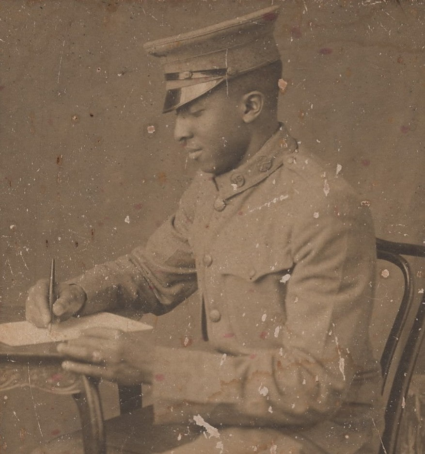 African American WWI Soldier in Uniform Writing Home Antique Cabinet Photo