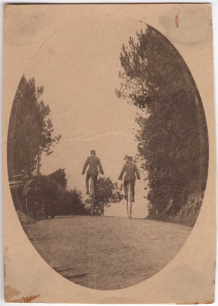 Unusual High Wheel Bicycle Bike Riders from Behind Antique Vernacular Photo
