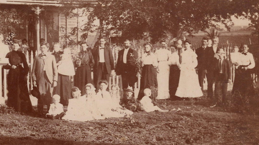 Large Family Homestead Suits and Hats Outdoor Vernacular Photo on Board