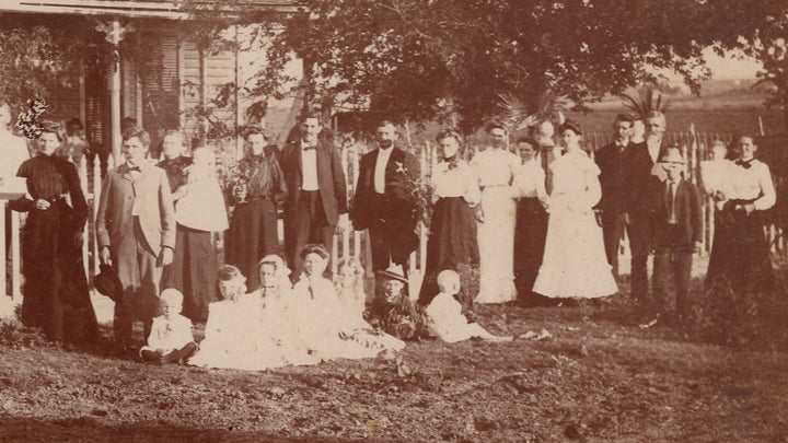 Large Family Homestead Suits and Hats Outdoor Vernacular Photo on Board
