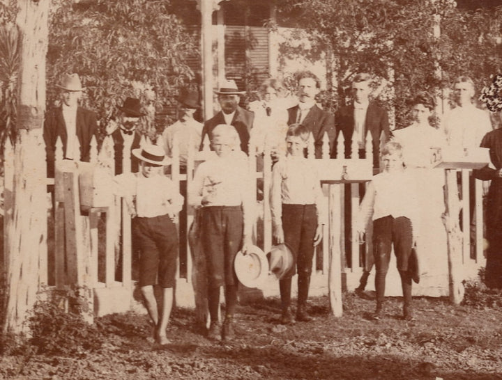 Large Family Homestead Suits and Hats Outdoor Vernacular Photo on Board