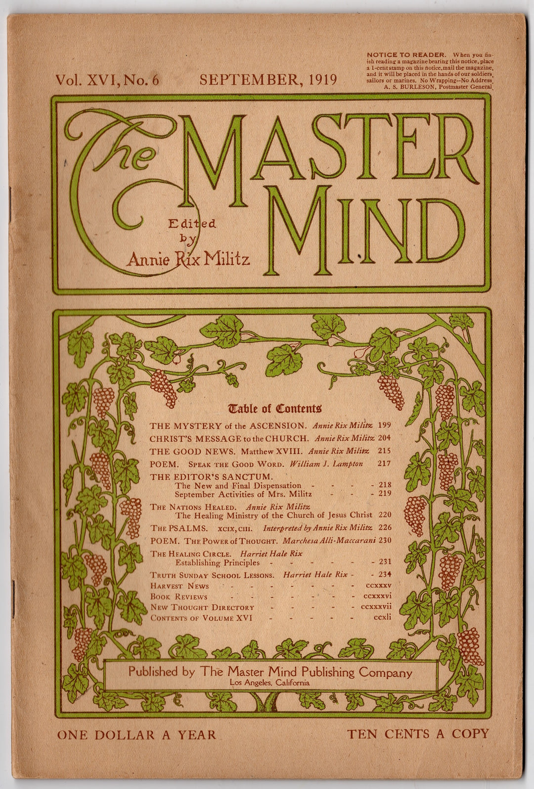 Annie Rix Militz New Thought Metaphysical Master Mind Magazine Sept 1919