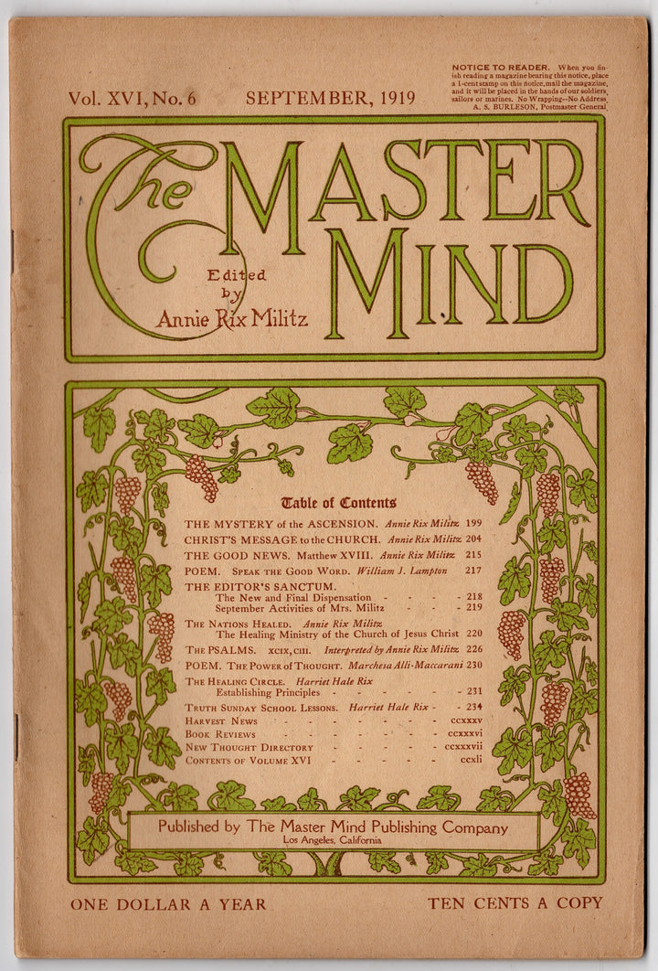 Annie Rix Militz New Thought Metaphysical Master Mind Magazine Sept 1919
