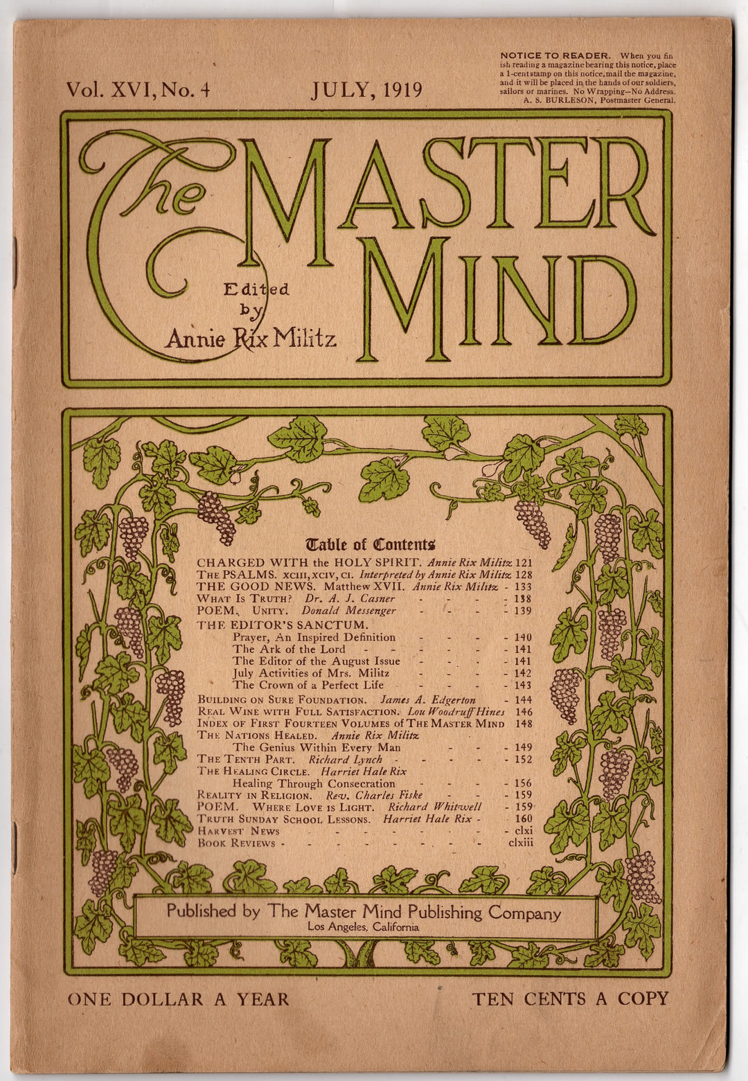 Annie Rix Militz New Thought Metaphysical Master Mind Magazine July 1919