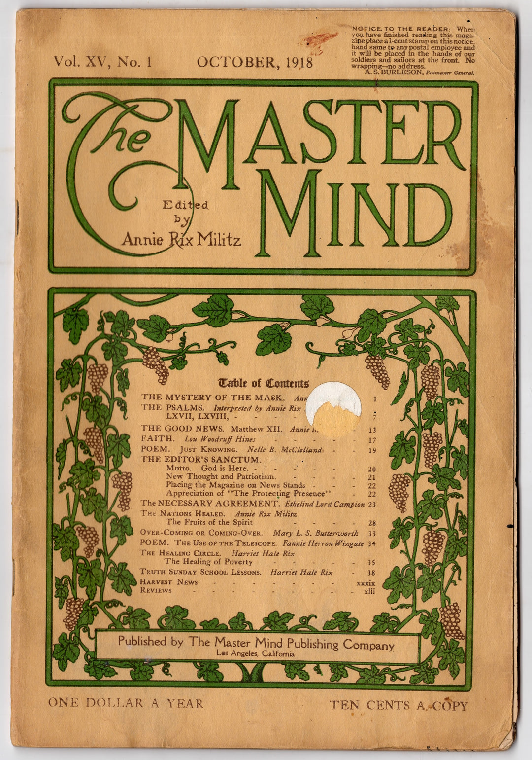 Annie Rix Militz New Thought Metaphysical Master Mind Magazine Oct 1918