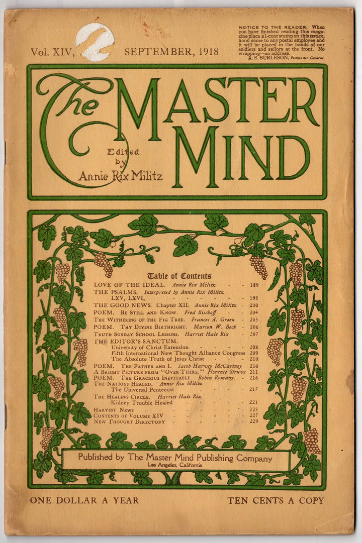 Annie Rix Militz New Thought Metaphysical Master Mind Magazine Sept 1918