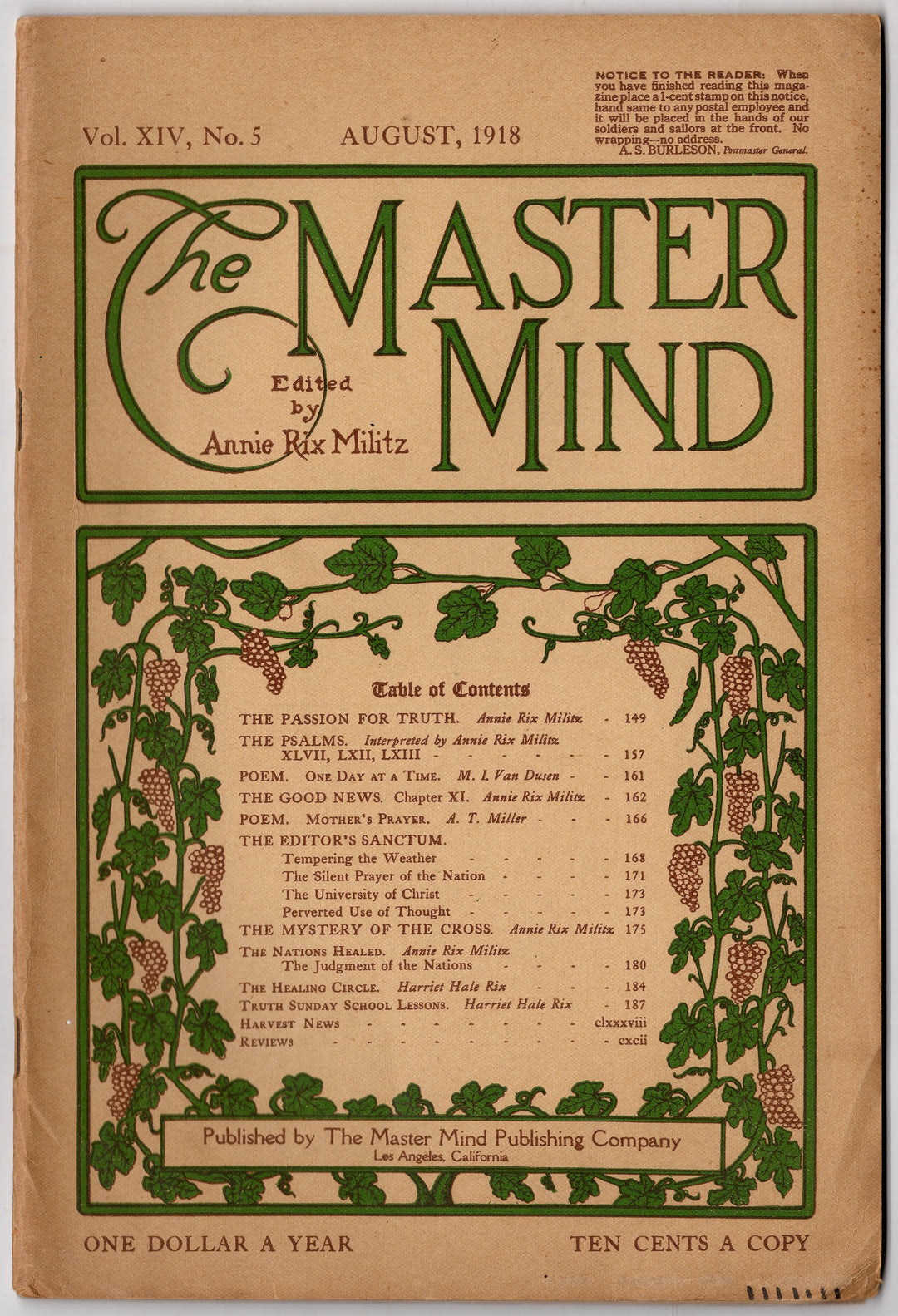 Annie Rix Militz New Thought Metaphysical Master Mind Magazine Aug 1918