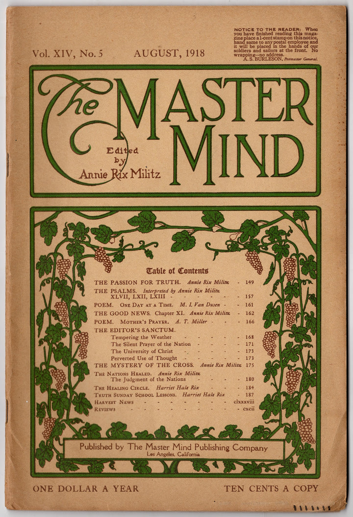 Annie Rix Militz New Thought Metaphysical Master Mind Magazine Aug 1918