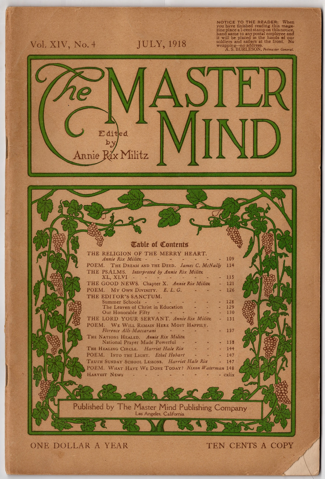 Annie Rix Militz New Thought Metaphysical Religion Magazine Jul 1918