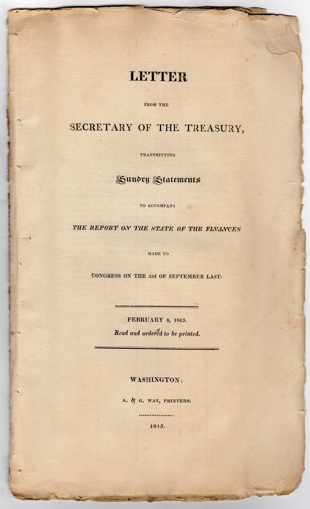 United States Treasury Official Booklet on Finance Import Duties Commodities 1815