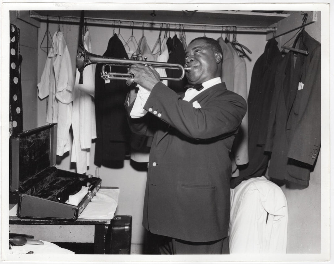 Louis Armstrong Humorous Dressing Room Music Photo Frank Driggs Collection 1955