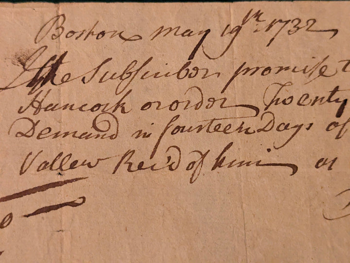 Thomas Hancock 1732 Promissory Note to Sam Grafton John Ruck of Boston MA