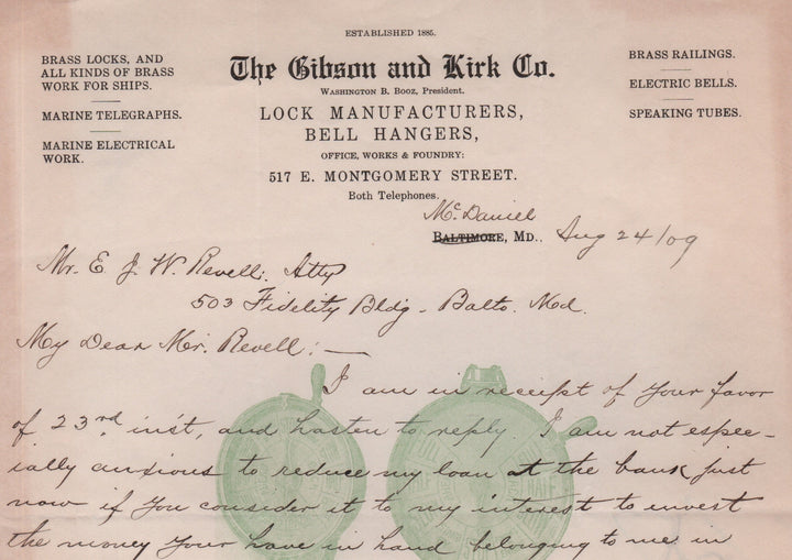Gibson & Kirk Lock Company Baltimore Maryland Antique Advertising Letter 1909