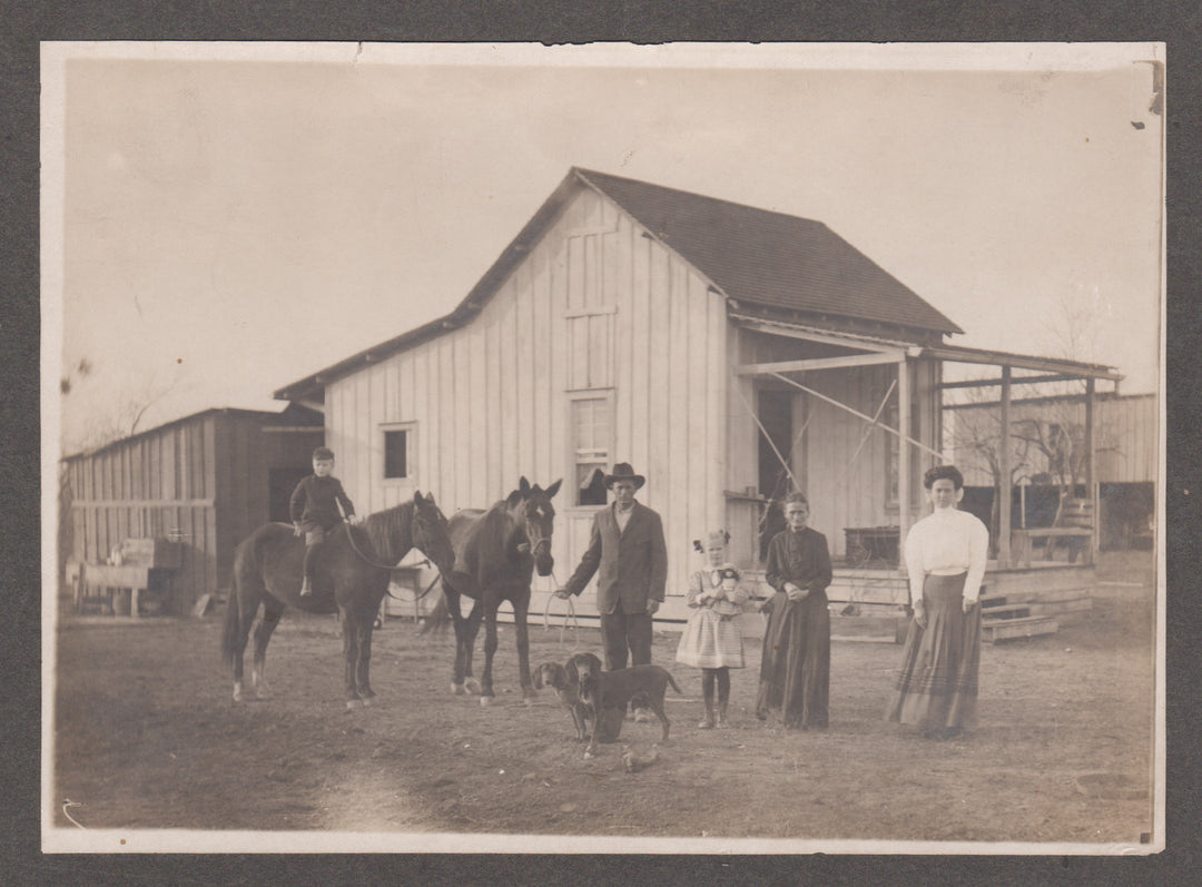 American Homestead Family Farm House Coonhound Dogs Antique Photo on Board