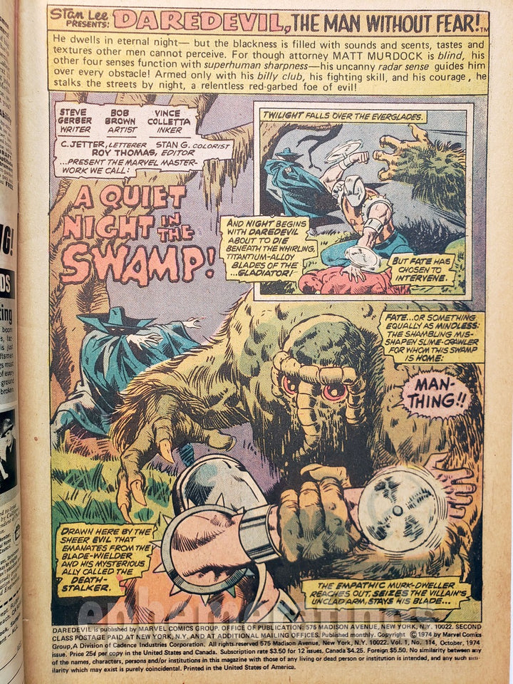 Daredevil vs Man-Thing Vintage Marvel Comic Book - Daredevil #114