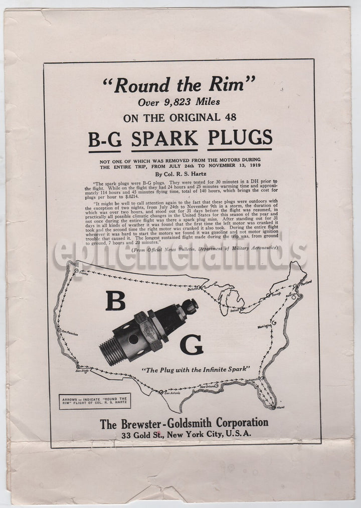 Historic Flights Celebrated Advertising Price List for Brewster Goldsmith Spark Plugs 1919
