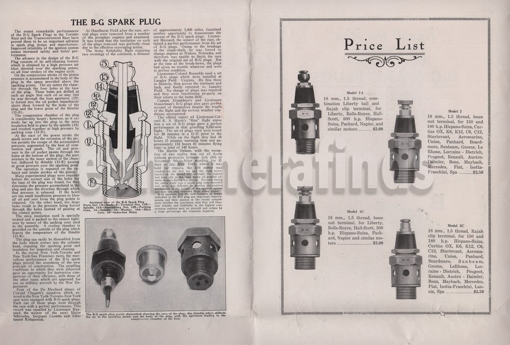 Historic Flights Celebrated Advertising Price List for Brewster Goldsmith Spark Plugs 1919