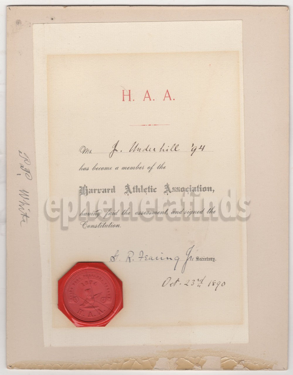 Harvard Athletic Association George Fearing Autograph Signed Wax Sealed Certificate 1890