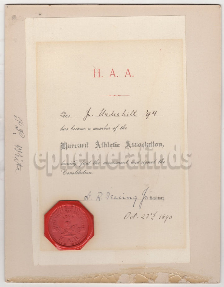Harvard Athletic Association George Fearing Autograph Signed Wax Sealed Certificate 1890