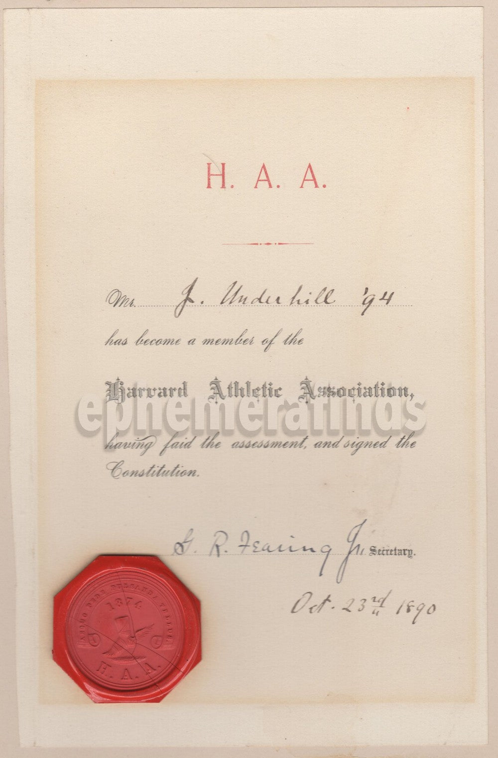 Harvard Athletic Association George Fearing Autograph Signed Wax Sealed Certificate 1890
